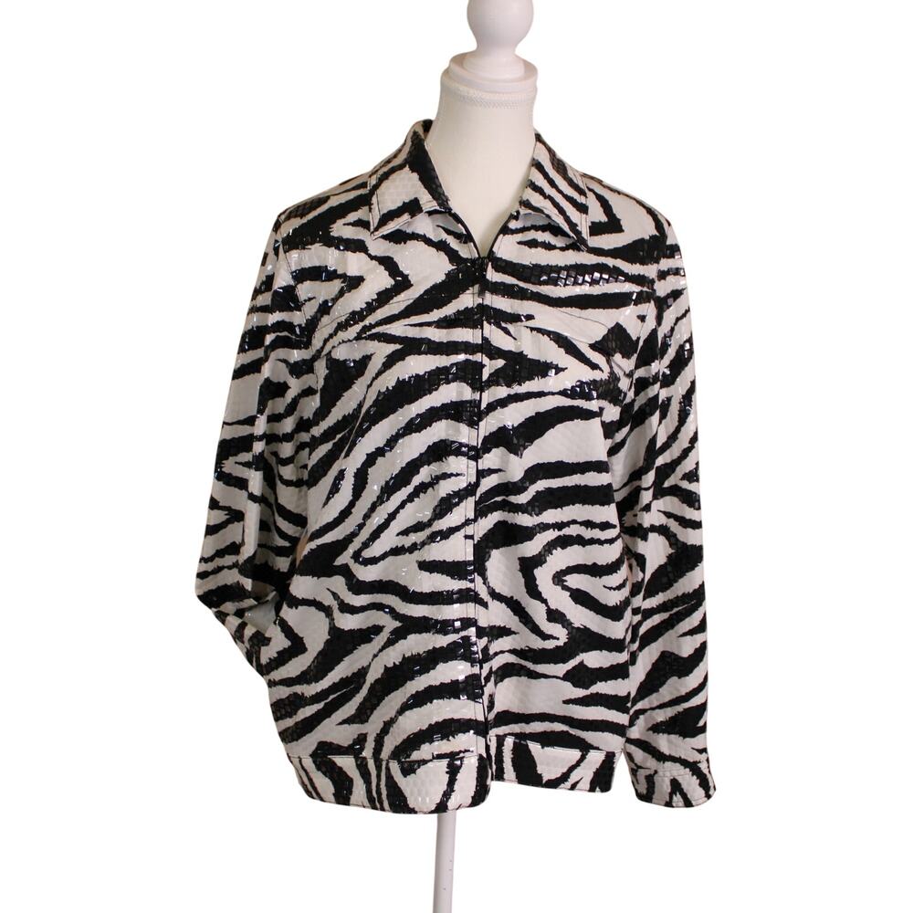 Alfred Dunner Zebra Print Jacket Women's sz 8 Full Zip Lightweight Shiny Accents